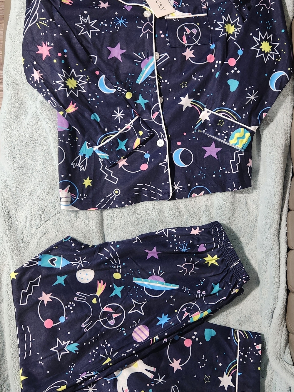 Unbranded Kids Navy Space Print Pajama Set with Pastel Stars